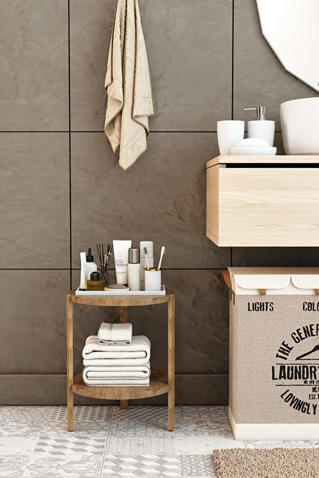 Miray Atlantik Çam 2 Katlı Yuvarlak Ahşap Çok Amaçlı Sehpa / Saksılık-Çiçeklik / Dekoratif Raf